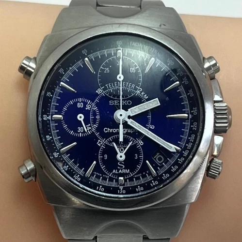 Vintage Seiko SUS Chronograph 7T32-9000 Blue Dial Alarm Telemeter Japan Qz#419B