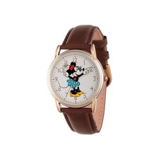 Minnie Mouse Watch for Women - Brown Leather Strap, gold Case and Dial, Stylish.