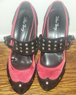Love Story Women s Mary Jane Stiletto Heels Suede Studded Black/Pink 9
