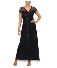 Adrianna Papell Womens Size 2 Navy Beaded V Neck Formal Gown Cocktail Dress NWT