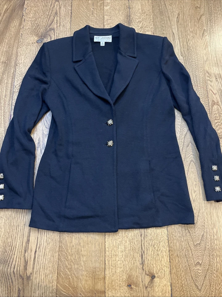 ST. JOHN Collection Black Wool Knit Sweater & Skirt Suit Set Gold Buttons Size 8 - Image 2 of 4