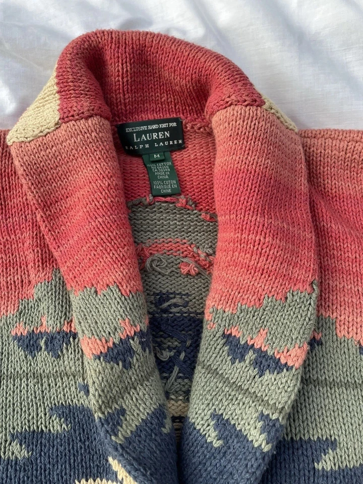 VTG RARE Ralph Lauren Hand Knit Navajo Aztec Shawl Sweater Southwest Cardigan - Image 4 of 4