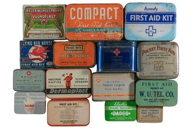 15 vintage US and EU 1930s to 1960s first aid tins in fair  to good condition