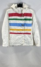 Giacca da sci donna Obermeyer Niki bianca a righe colorblock isolata con cappuccio taglia 4