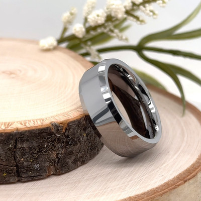 Modern 8mm Silver Tungsten Ring   High Polished Edges Holiday Gift Band for Him