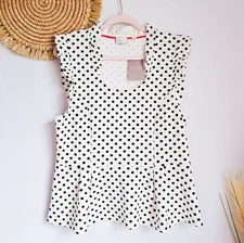 Anthropologie, New Postcard White Black Dot Flutter Sleeve Peplum Top Size XL