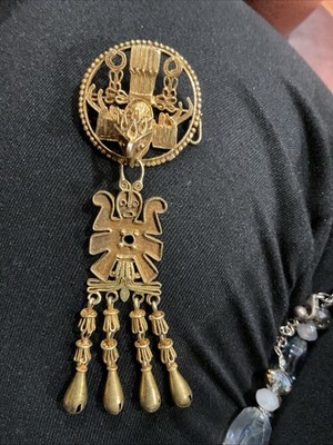 Sterling Silver Gold 925 Aztec Descending Eagle Warrior Brooch Pendant Inca Maya