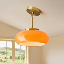 Glass Pendant Lights Kitchen Iisland，Gold Modern Ceiling Lamp with Orange Gla...