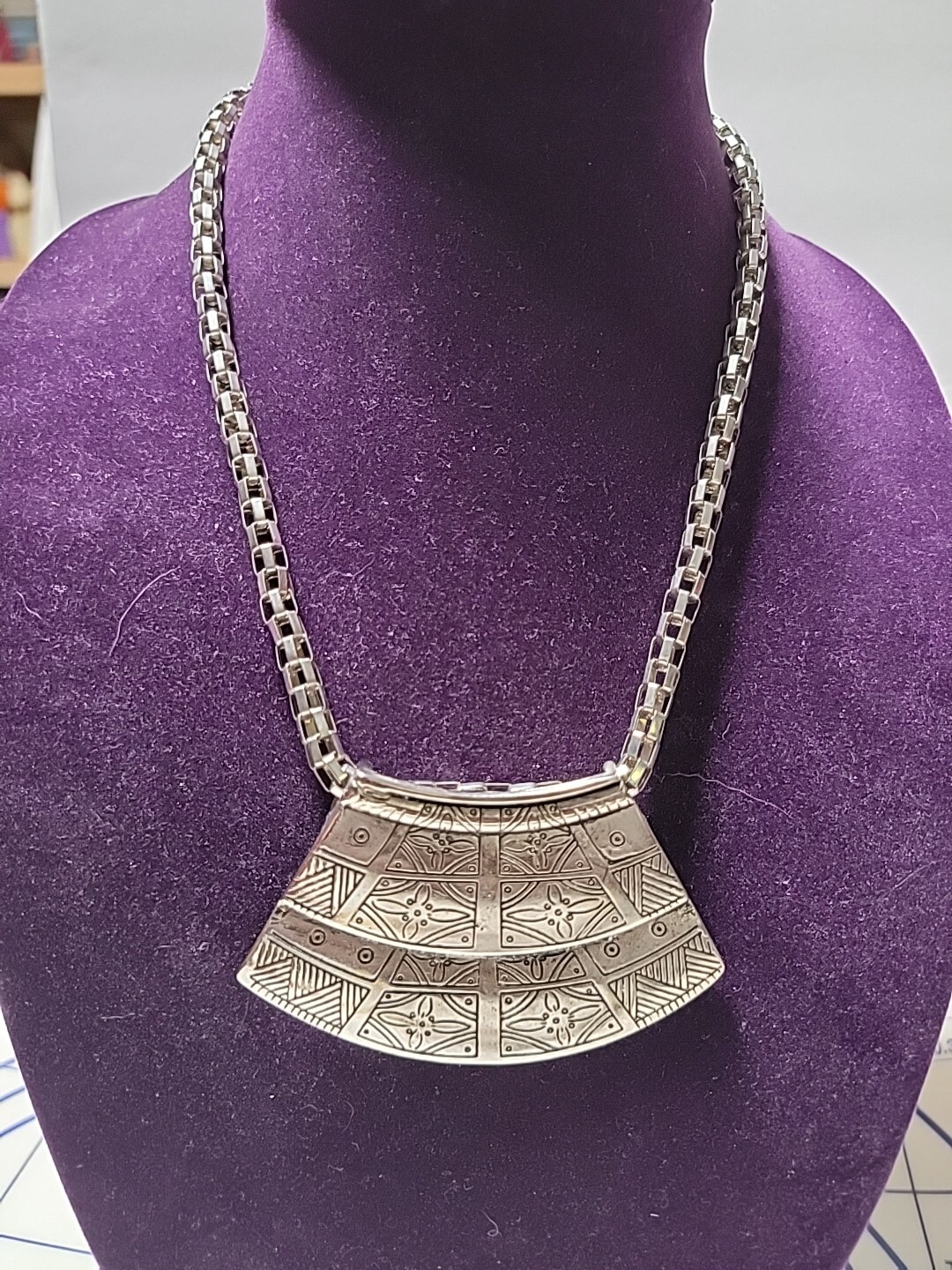 Statement Necklace Silver Tone Engraved Tribal Fl… - image 1