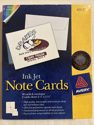 Avery 8315 Inkjet 60 Cards w/ Envelopes 4 1/4'' x 5 1/2'' Matte Coated High Qual.