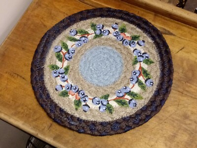 Blueberry Blue Brown 10'' Round Trivet Earth Rugs, Braided Jute, Table Mat