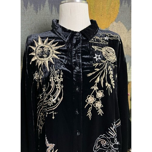 Johnny Was Miaora Black Velvet Celestial Moon Star Tunic Blouse PXL - Picture 10 of 17