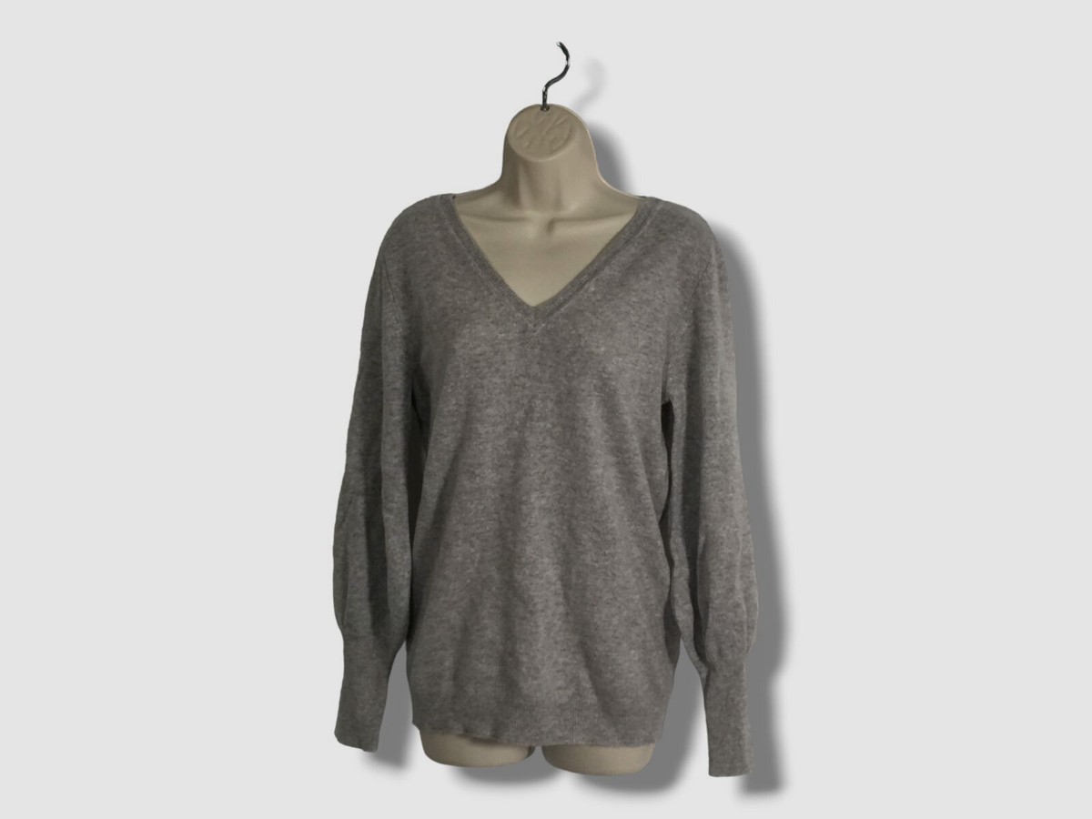 トップス < H > WOOL CASHMERE BALLOON V NECK KNIT $377 Neiman Marcus Women Gray Balloon Sleeve V-Neck Cashmere