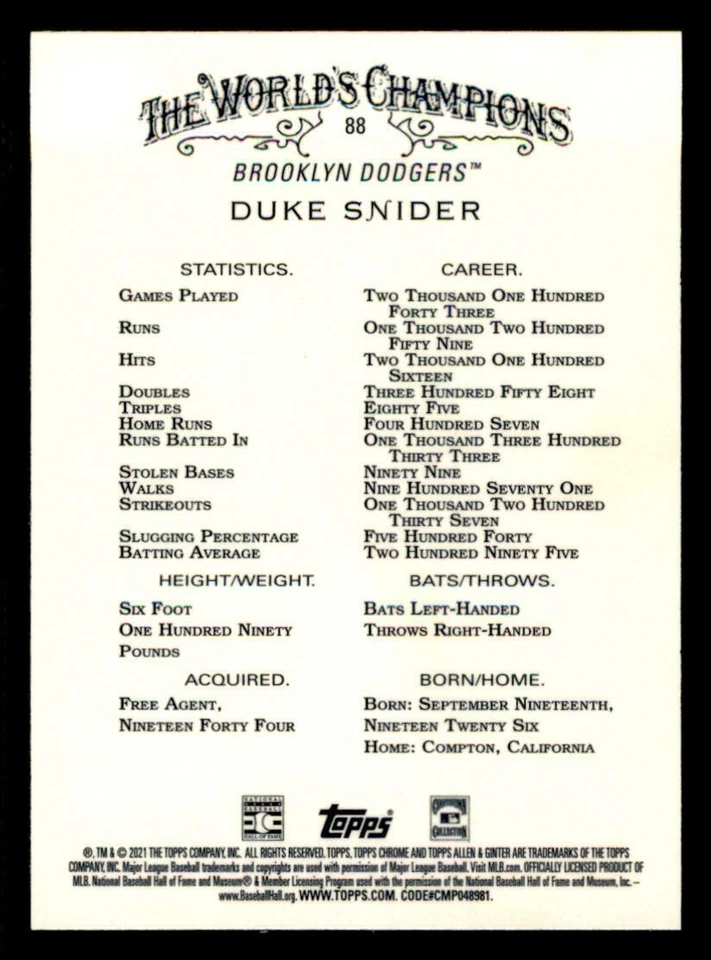 2021 Topps Allen and Ginter Chrome Refractors #88 Duke Snider (ref Y02276) - Image 2 of 2