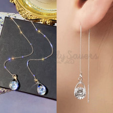 Sparkling Cubic Zirconia Sterling Silver Gold Chain Threader Water Drop Earrings