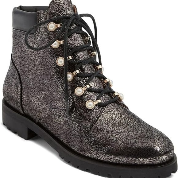 Jack Rogers Lace Up Pearl Detail Peyton Boots in Gunmetal Crackled Size 9 Jack Rogers Lace Up Pearl‎ Detail Peyton Boots in Gunmetal  main image 2
