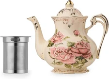 YOLIFE Flower Teapot, 42oz Tea Pot with Large 5 Cups infuser, Rose 