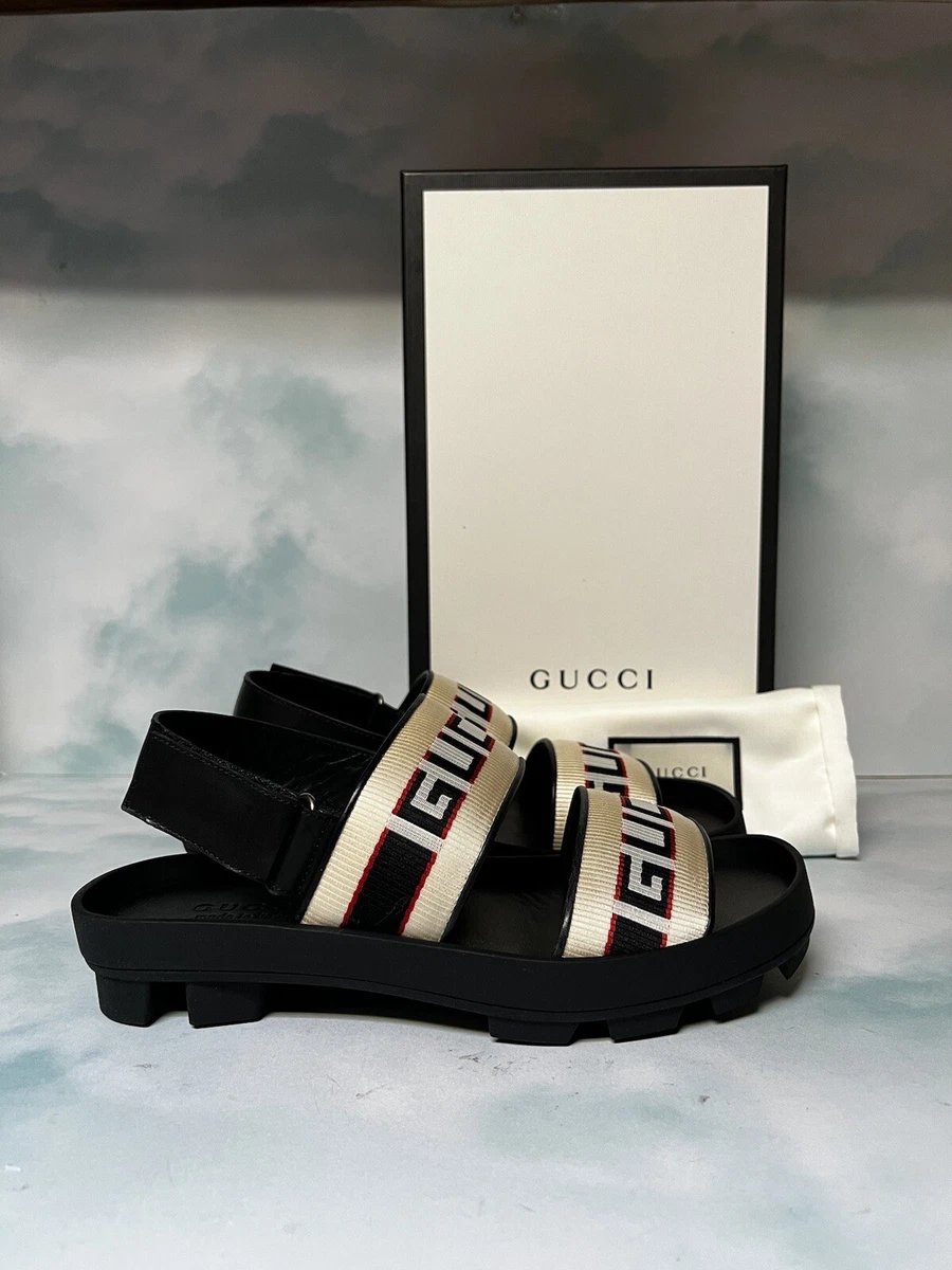 fortvivlelse gear Måler Gucci Double Strap Stripe Logo Sandal White Black sz 7G / 8US | eBay