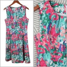 Talbots Dress Size 12 Floral Pink Green Fit Flare Pleated Skirt Spring Womens