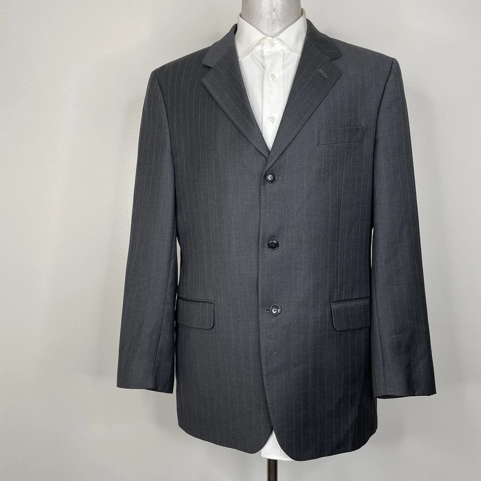 Traje Jones New York 2 Piezas Para Hombre 42L 36x33 Gris Azul Rayas Lana Cachemira Foto 3 de 4