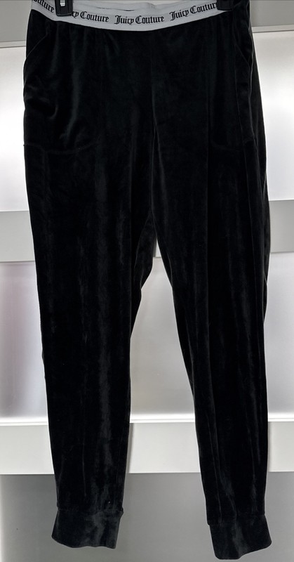 Juicy Couture Ladies Size L  Black Velvet Joggers Silver JUICY Logo Velour Pants