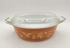 Vintage Pyrex Early American Brown & Gold Oval Casserole Dish 1-1/2 Qt w/Lid 043