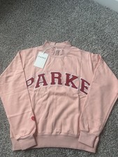 PARKE Women s Pink Crew Neck Pullover Sweatshirt Logo Graphic Long Sleeve S/M