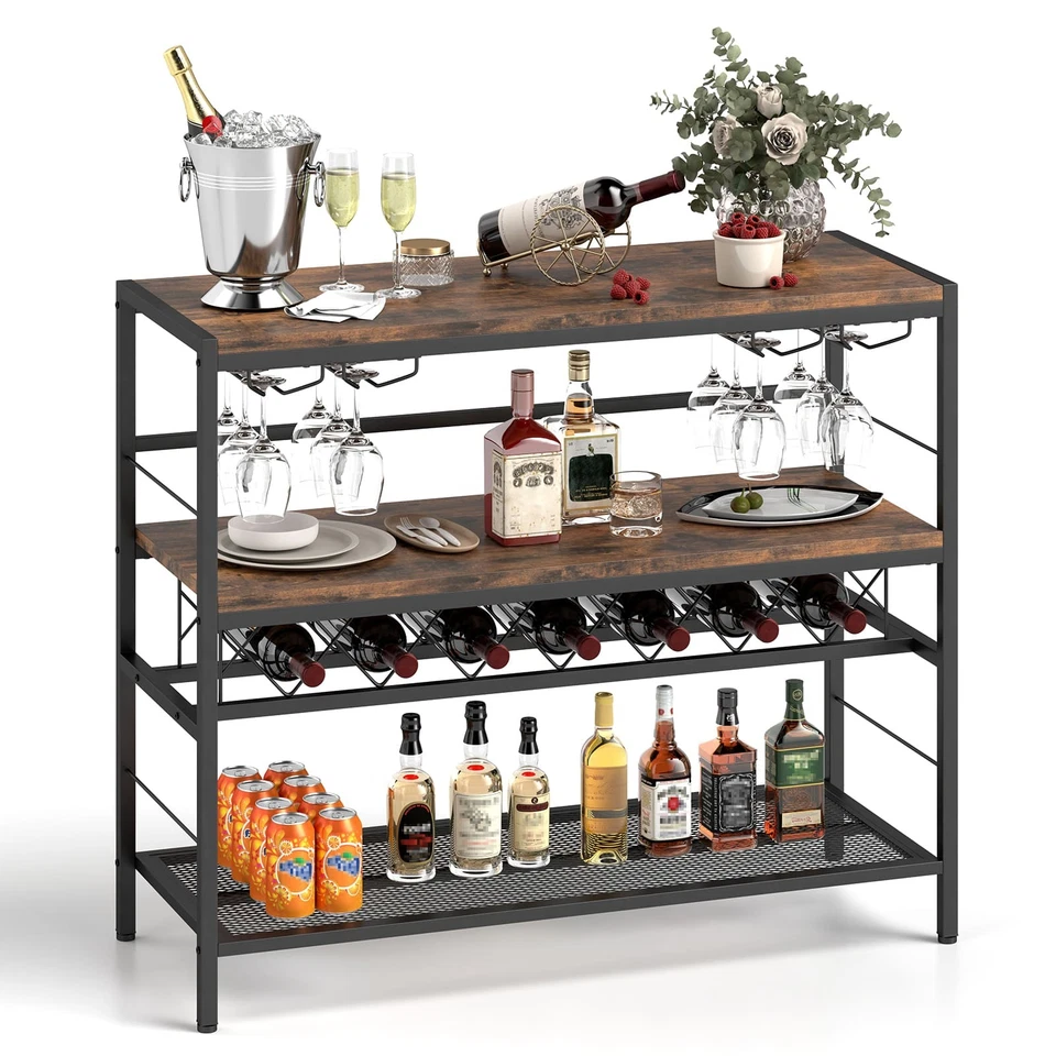 41.3in Industrial Wine Rack Table 4-Tier Coffee Bar Cabinet Brown - Image 2 of 4