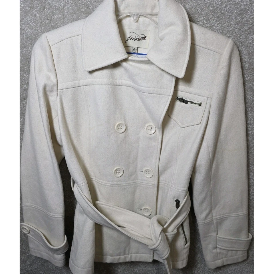 Abrigo Grane Pea Mujer Talla L Marfil Forrado Doble Pecho Cinturón Muesca Solapa Bolsillo Foto 2 de 4