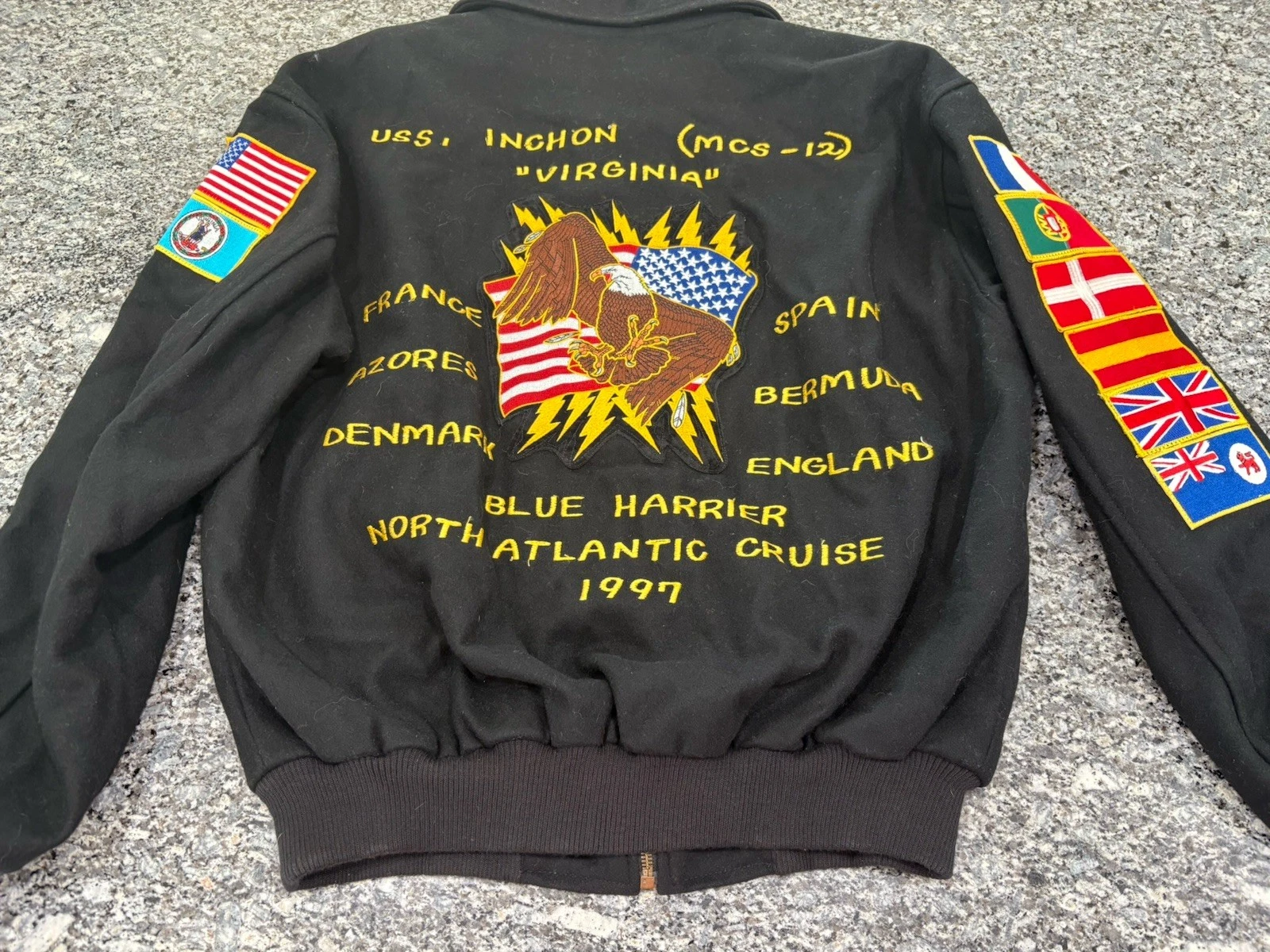 Vintage Wool Bomber Jacket XL 1997 USS INCHON North Atlantic Cruise Awesome Coat image 7