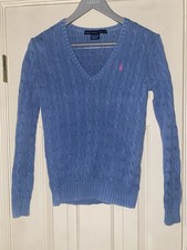 Vintage Ralph Lauren Sport V-Neck Cotton Cable Knit Sweater Blue Medium