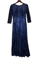 Tahari ASL Blue Black Sequin Embellished Lace Flare Floral Gown Size 6 Formal