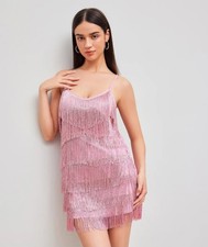 Brand New Cider V-neck Solid Tassel Mini Dress Pink Size Medium