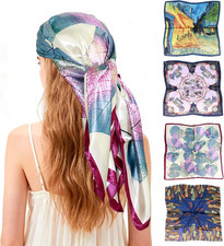 35" Silk Head Scarf for Women, 4 Pcs Satin Hair Scarf Square Silk Bandana Top Ne