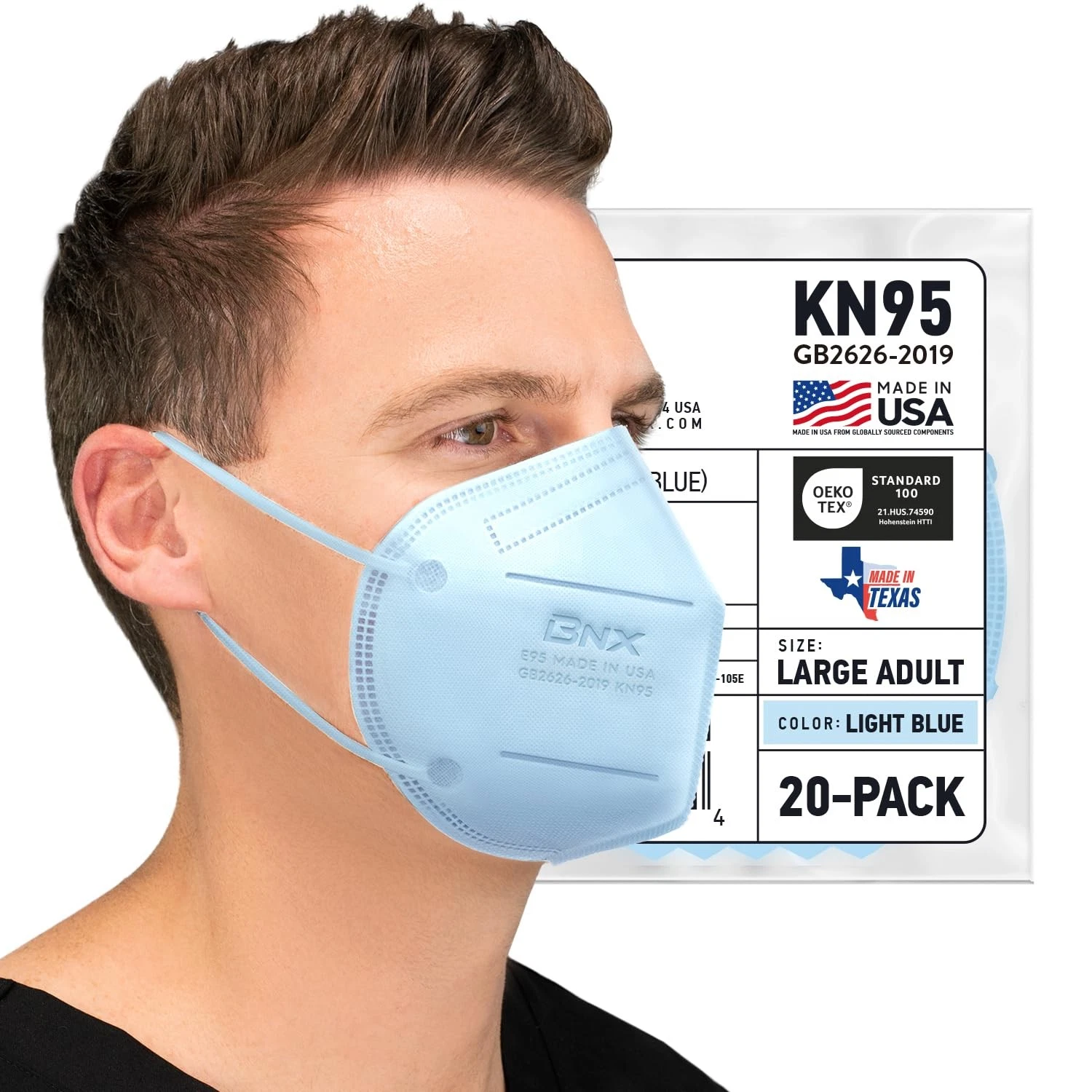 BNX 20Pack KN95 Face Mask, Disposable Particulate KN95 Mask Made in USA, Prot...