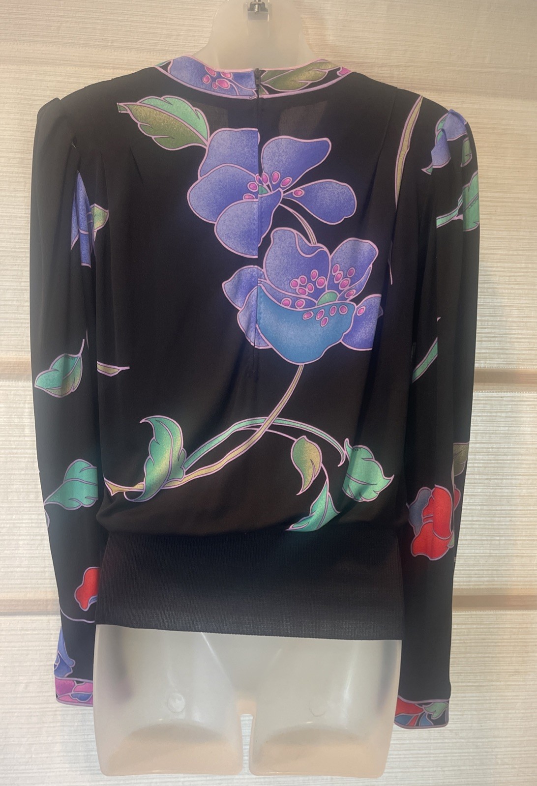 LEONARD Paris Black/Lavender Floral Silk Mikado Knit Cuffs Blouson Top~XS~EUC