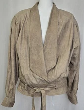 Vtg Bermans Leather Bomber Jacket Sz M Taupe Crinkle Nubuck 80s 90s Open Tie