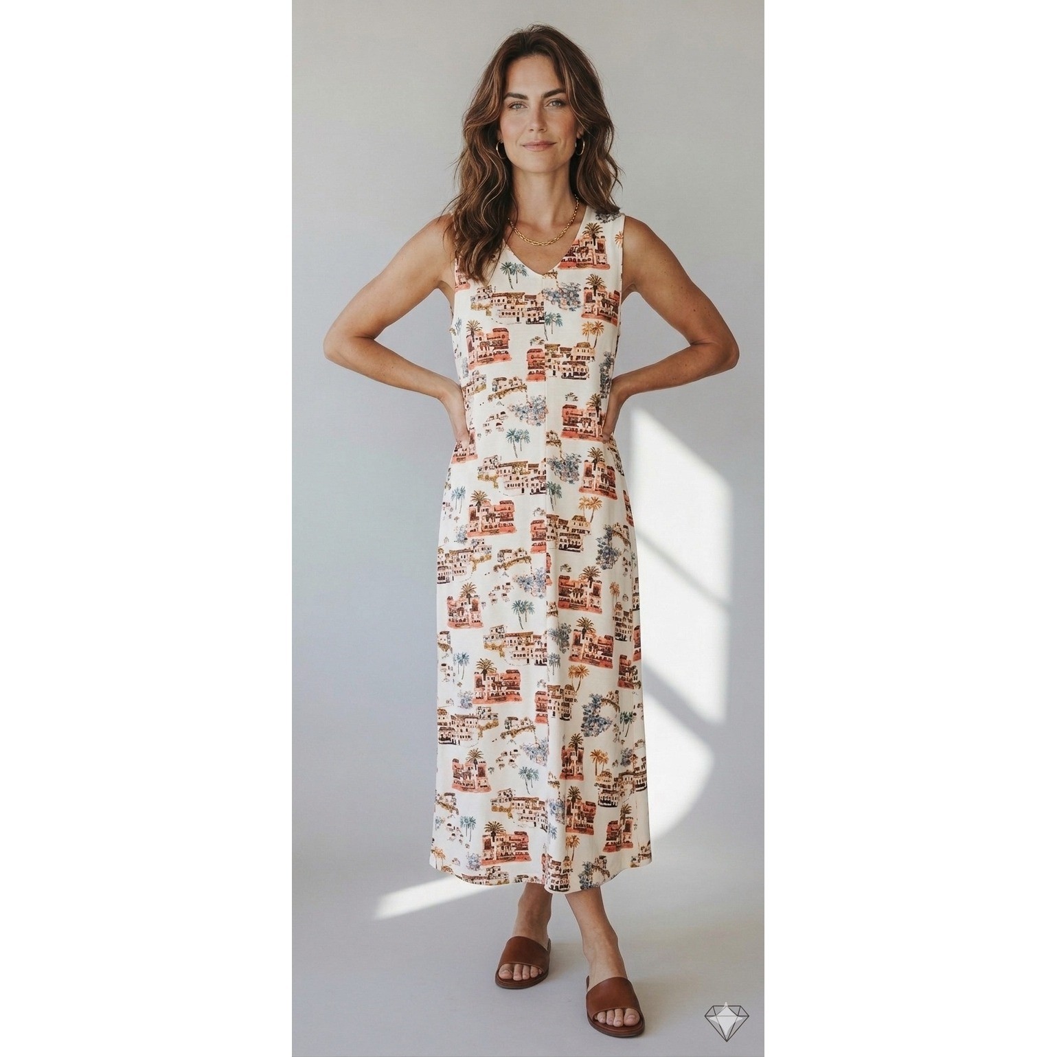 Naturals d&co Coastal Village Print Midi Dress Womens MP White Sleeveless Pocket