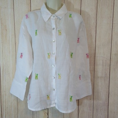 Vintage Casey Coleman Women's White Blouse with Dogs Embroidery Throughout 1X