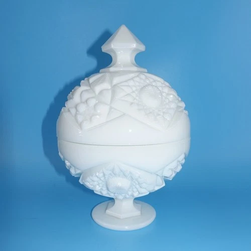 Vintage Kemple Glass Hobstar Milk Glass Candy Dish Lidded
