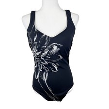 Vintage Christina One Piece Swim Suit Women 14D Black White Flower Beach Active