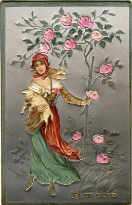 Oblaten scrap die cut chromo Prägekarte Seide Dame Lamm  14,2 cm