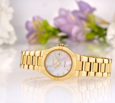 Ladies Citizen Eco-Drive Pearl White Dial Gold Wristwatch EW1532 - Main Image