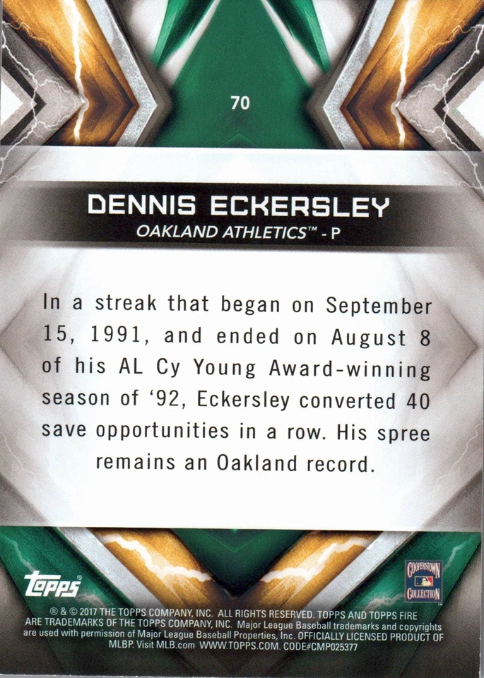 2017 Topps Fire # 70 Dennis Eckersley Oakland Athletics - Image 2 of 2