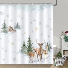 Winter Forest Shower Curtain Pine Tree Christmas 72"W X 72"H Deer Snowflake