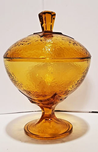 Vintage Jeanette Textured Glass Amber Pedestal Compote  Candy Dish with Lid