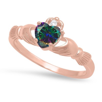 Sterling Silver Rose Gold Plated Claddagh June Birthstone Rainbow CZ Promise
