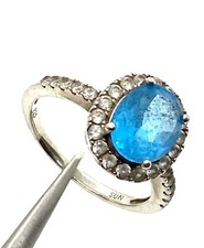 Women's Dainty Blue Oval Halo Set Round CZ Floral Sterling Silver Ring Size 9