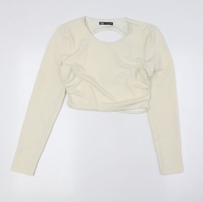 Zara Damen Elfenbein Polyester Cropped Knopfleiste Größe M Rundhals - Rückenfrei