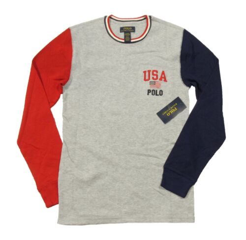 Polo Ralph Lauren Męski szary Colorblock USA Flaga Waffle Knit Termiczny T-shirt - Zdjęcie 1 z 3